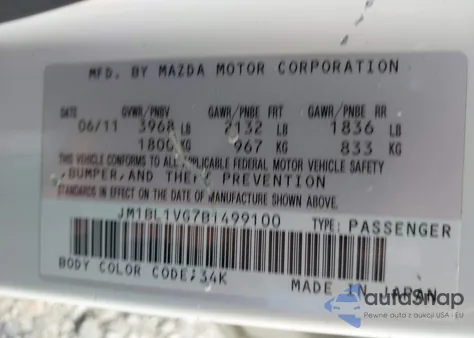 2011 Mazda Mazda3 I Touring z USA, uszkodzony, nr VIN JM1BL1VG7B1499100